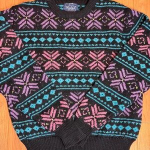 Woolrich Wool Sweater in Black with Pink and Blue Accents